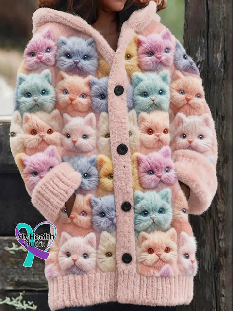 Lovely Cats Cozy Knit Hooded Cardigan Multicolor / S