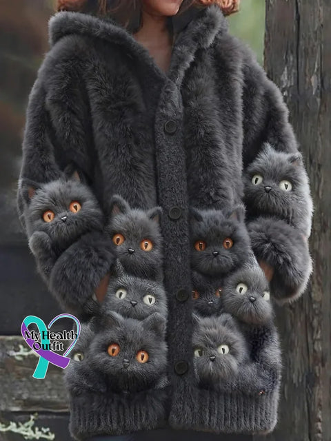 Lovely Cats Cozy Knit Hooded Cardigan Multicolor / S