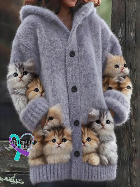 Lovely Cats Cozy Knit Hooded Cardigan Multicolor / S