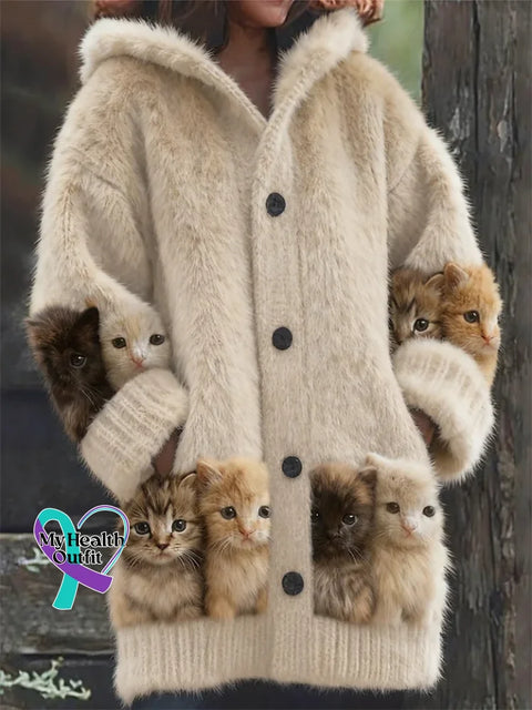 Lovely Cats Cozy Knit Hooded Cardigan Multicolor / S