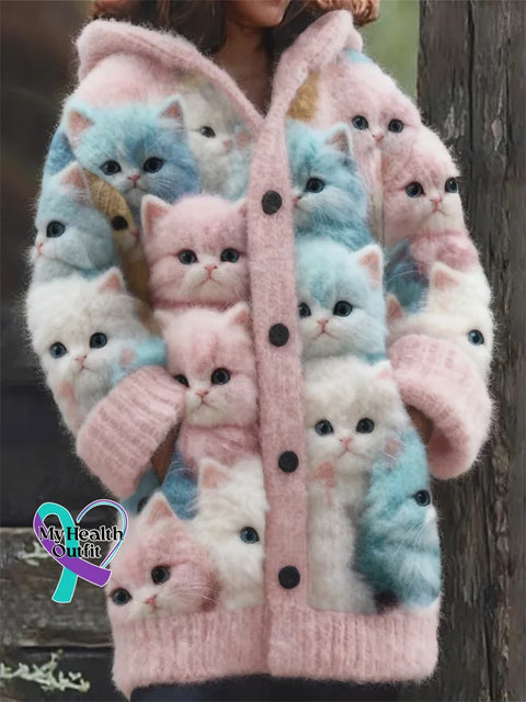 Lovely Cats Cozy Knit Hooded Cardigan Multicolor / S