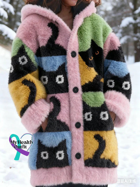 Lovely Cats Cozy Knit Hooded Cardigan Multicolor / S