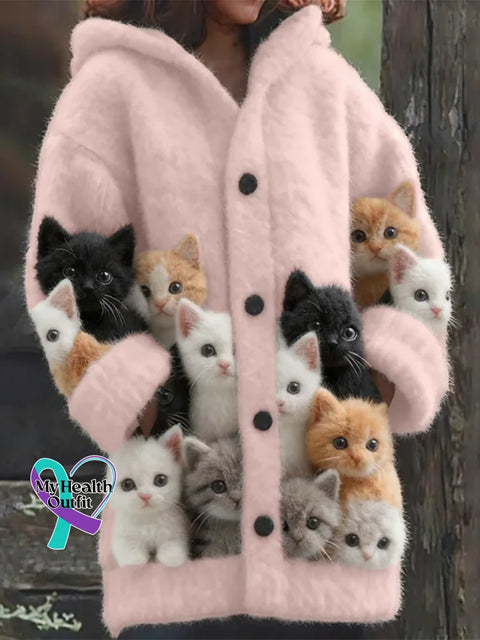 Lovely Cats Cozy Knit Hooded Cardigan Pink / S