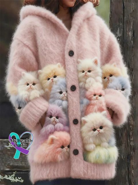 Lovely Cats Cozy Knit Hooded Cardigan Pink / S