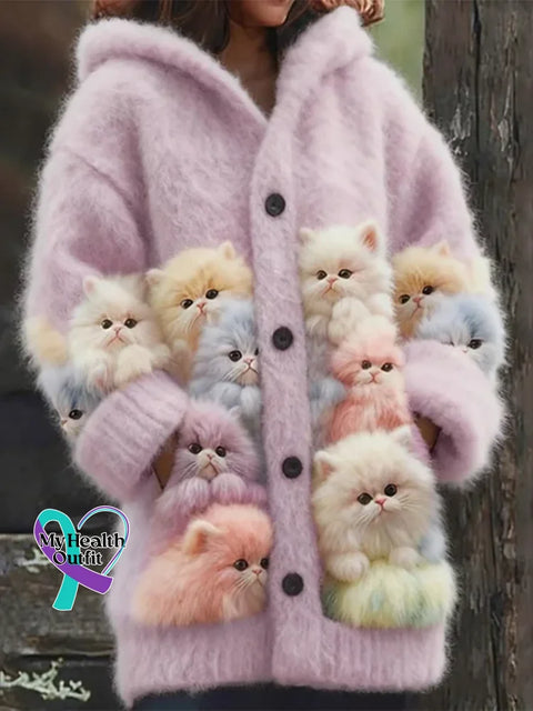 Lovely Cats Cozy Knit Hooded Cardigan Purple / S