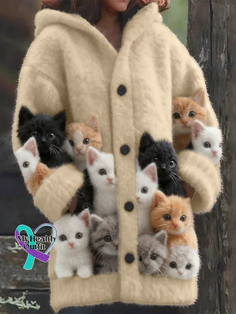 Lovely Cats Cozy Knit Hooded Cardigan Sand / S