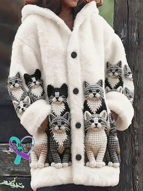Lovely Cats Cozy Knit Hooded Cardigan White / S