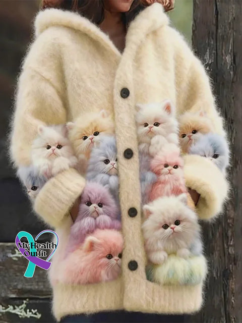 Lovely Cats Cozy Knit Hooded Cardigan Yellow / S