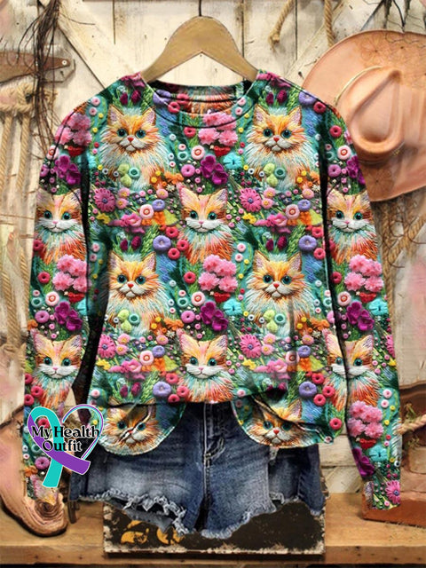 Lovely Cats Floral Art Print Casual Sweatshirt Multicolor / S