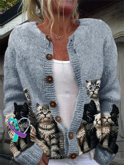 Lovely Cats Print Buttoned Cardigan Sweater Blue / S