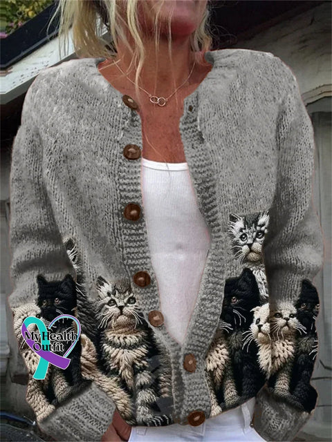 Lovely Cats Print Buttoned Cardigan Sweater Grey / S