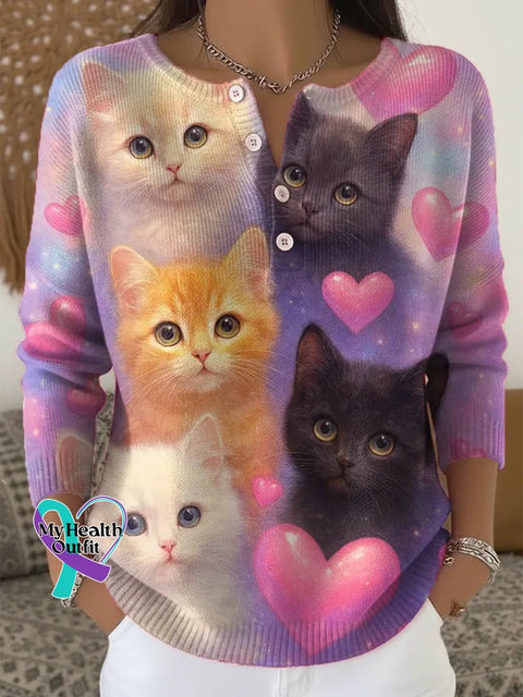 Lovely Cats Print Buttoned Cardigan Sweater Multicolor / S