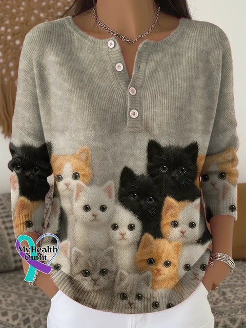 Lovely Cats Print Buttoned Cardigan Sweater Multicolor / S