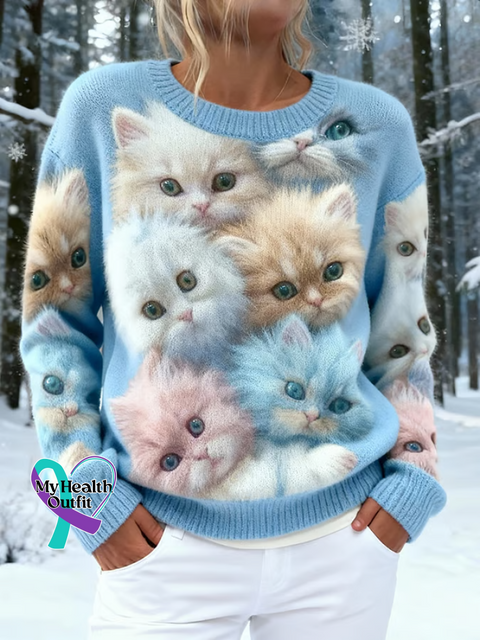 Lovely Cats Print Knit Pullover Sweater Multicolor / S