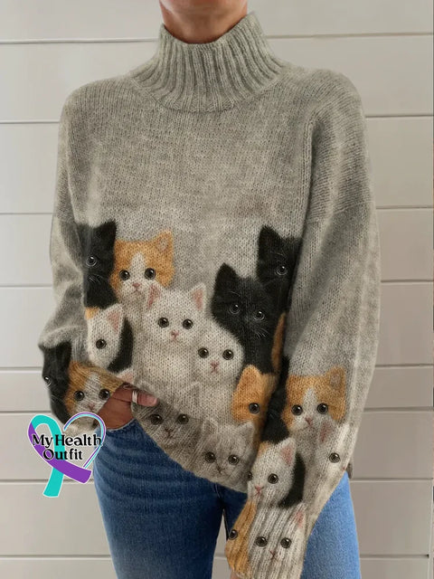 Lovely Cats Print Knit Turtleneck Pullover Sweater Multicolor / S