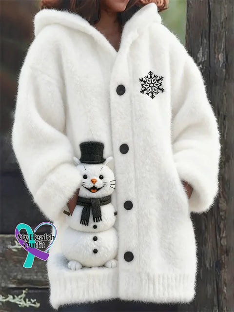 Lovely Cats Snowman Cozy Knit Hooded Cardigan Multicolor / S