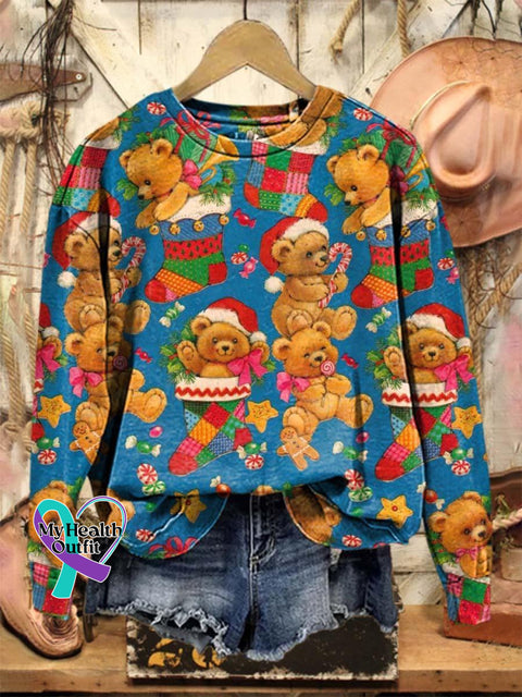 Lovely Christmas Bear Art Print Casual Sweatshirt Multicolor / S