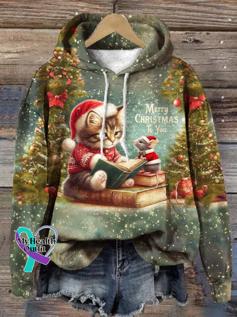 Lovely Christmas Cat And Mouse Art Print Casual Hoodie Sweatshirt Multicolor / S