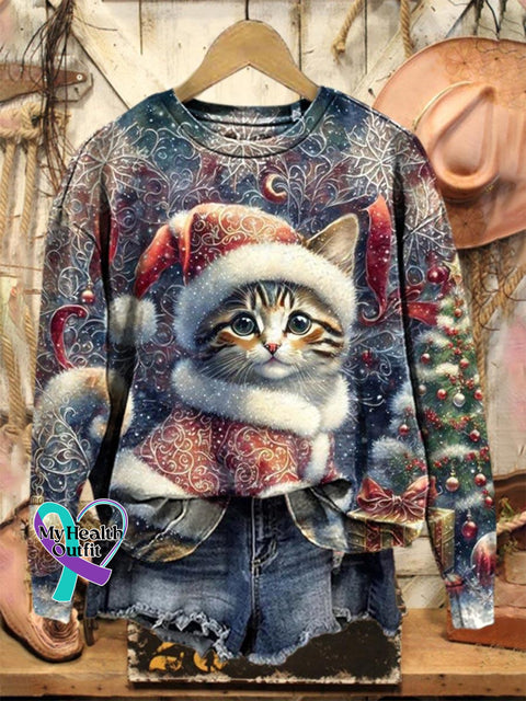 Lovely Christmas Cat Art Print Casual Sweatshirt Multicolor / S