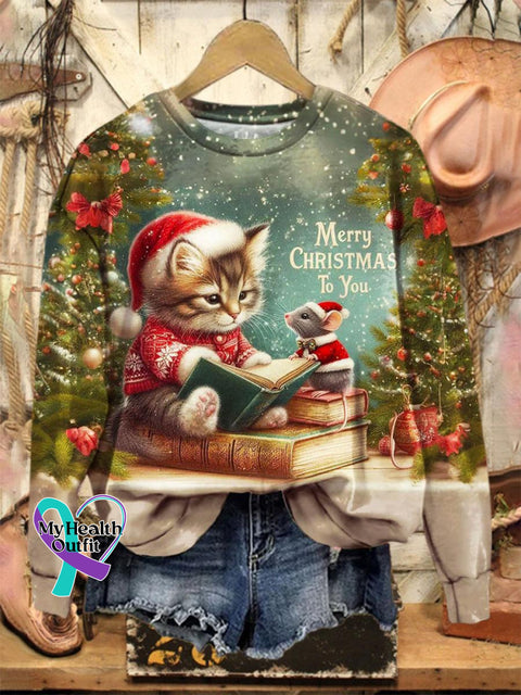 Lovely Christmas Cat Mouse Art Print Casual Sweatshirt Multicolor / S