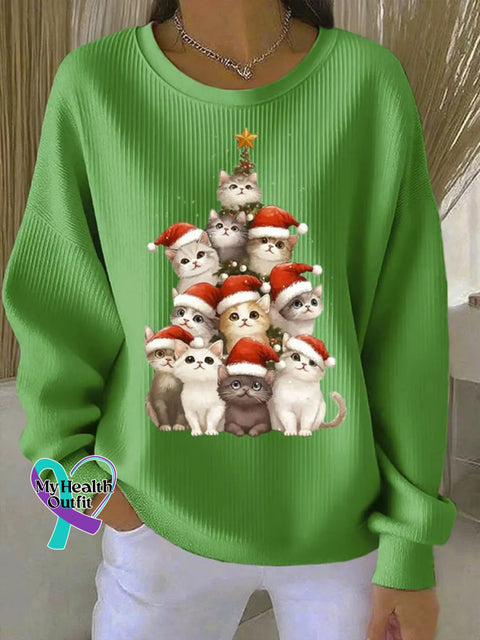 Lovely Christmas Cats Art Print Casual Sweatshirt Green / S