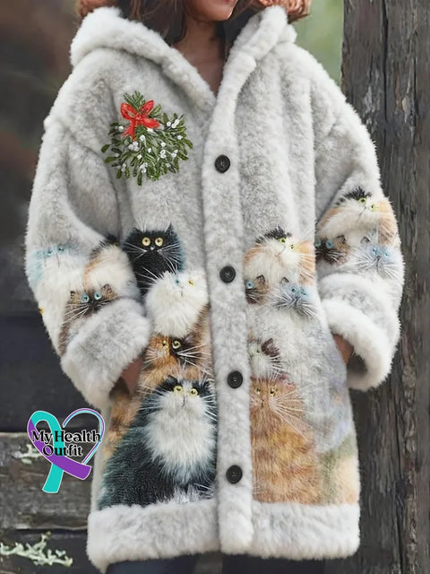 Lovely Christmas Cats Cozy Knit Hooded Cardigan Multicolor / S