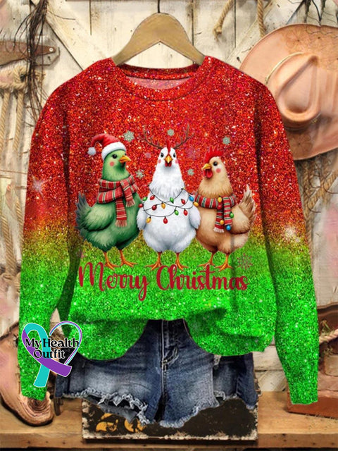 Lovely Christmas Chicken Art Print Casual Sweatshirt Multicolor / S