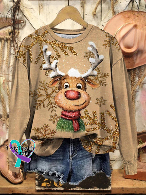 Lovely Christmas Deer Pattern Art Print Casual Sweatshirt Multicolor / S