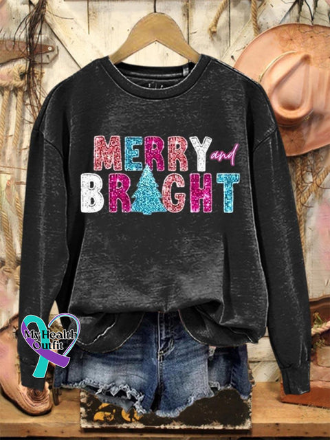 Lovely Christmas Merry And Bright Art Print Casual Sweatshirt Black / S