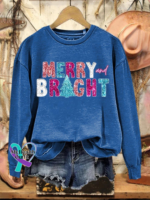 Lovely Christmas Merry And Bright Art Print Casual Sweatshirt Blue / S
