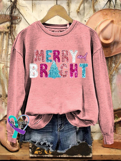 Lovely Christmas Merry And Bright Art Print Casual Sweatshirt Pink / S