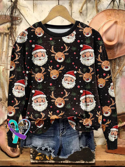 Lovely Christmas Santa Deer Art Print Casual Sweatshirt Multicolor / S
