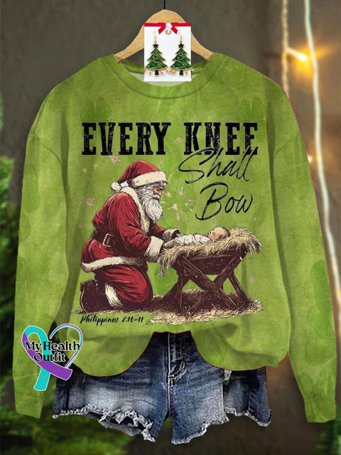Lovely Christmas Santa Every Knee Shall Bow Art Print Casual Sweatshirt Green / S
