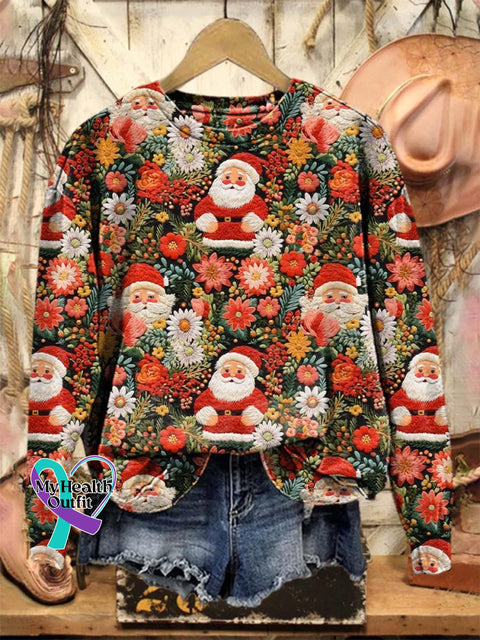 Lovely Christmas Santa Floral Art Print Casual Sweatshirt Multicolor / S