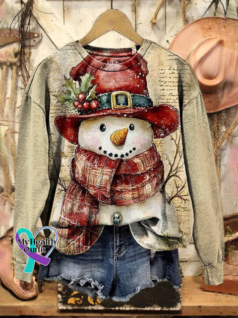 Lovely Christmas Snowman Art Print Casual Sweatshirt Multicolor / S