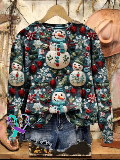 Lovely Christmas Snowman Art Print Casual Sweatshirt Multicolor / S