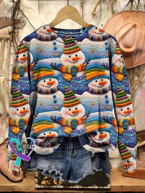Lovely Christmas Snowman Art Print Casual Sweatshirt Multicolor / S