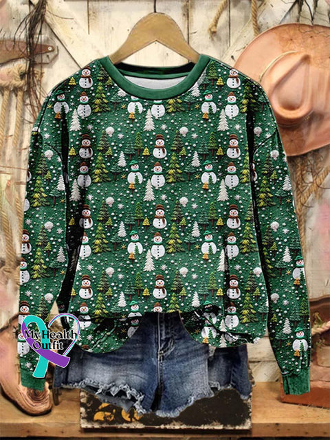 Lovely Christmas Snowman Tree Art Print Casual Sweatshirt Multicolor / S