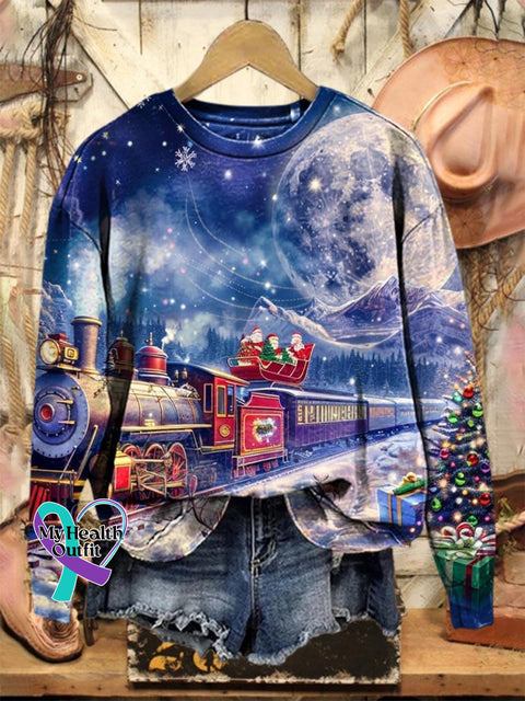 Lovely Christmas Train Art Print Casual Sweatshirt Multicolor / S