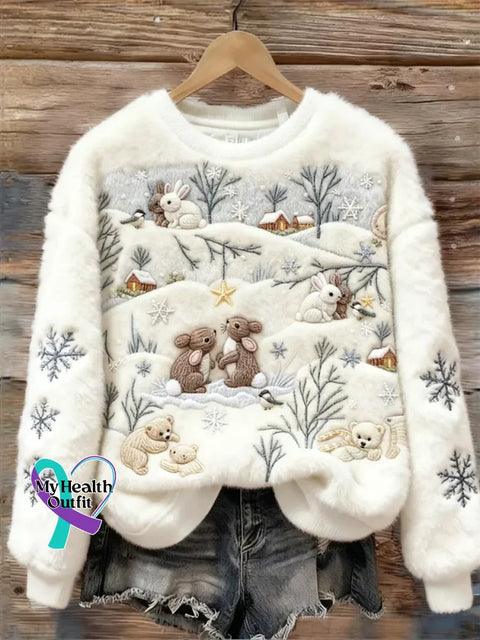 Lovely Colorful Fluffy Fuzzy Bunny Cozy Plush Sweatshirt White / S