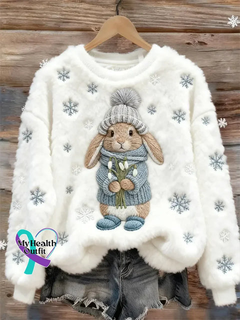 Lovely Colorful Fluffy Fuzzy Bunny Cozy Plush Sweatshirt White / S