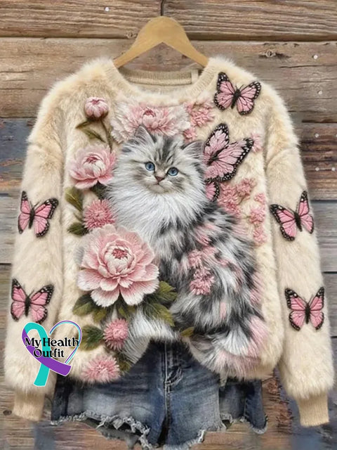 Lovely Colorful Fluffy Fuzzy Cat Cozy Plush Sweatshirt Multicolor / S