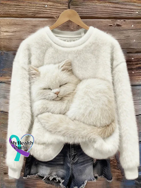 Lovely Colorful Fluffy Fuzzy Cat Cozy Plush Sweatshirt Multicolor / S