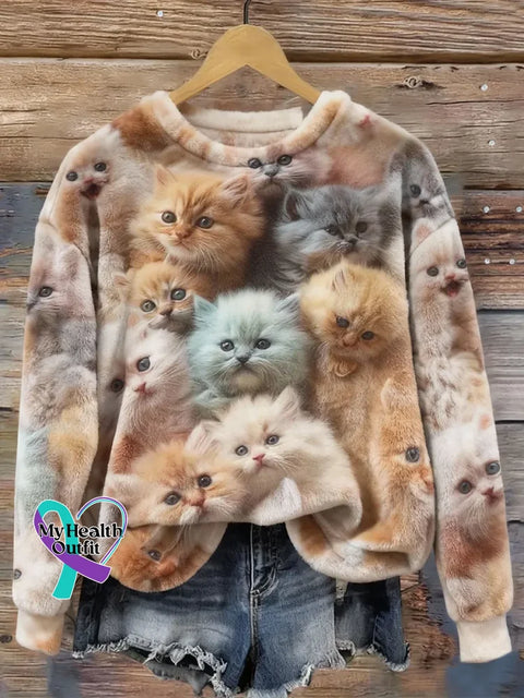 Lovely Colorful Fluffy Fuzzy Cat Cozy Plush Sweatshirt Multicolor / S