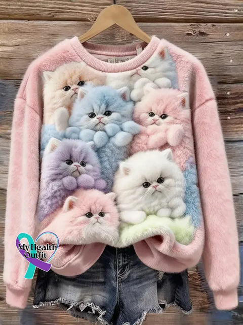 Lovely Colorful Fluffy Fuzzy Cat Cozy Plush Sweatshirt Pink / S