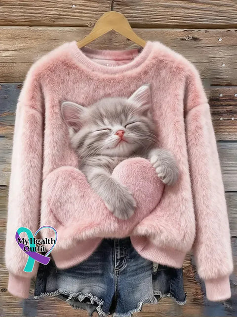 Lovely Colorful Fluffy Fuzzy Cat Cozy Plush Sweatshirt Pink / S