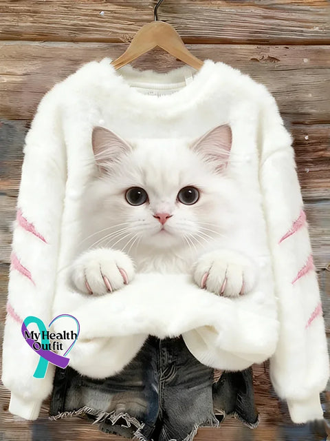 Lovely Colorful Fluffy Fuzzy Cat Cozy Plush Sweatshirt White / S