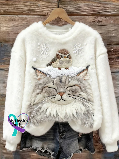 Lovely Colorful Fluffy Fuzzy Cat Cozy Plush Sweatshirt White / S
