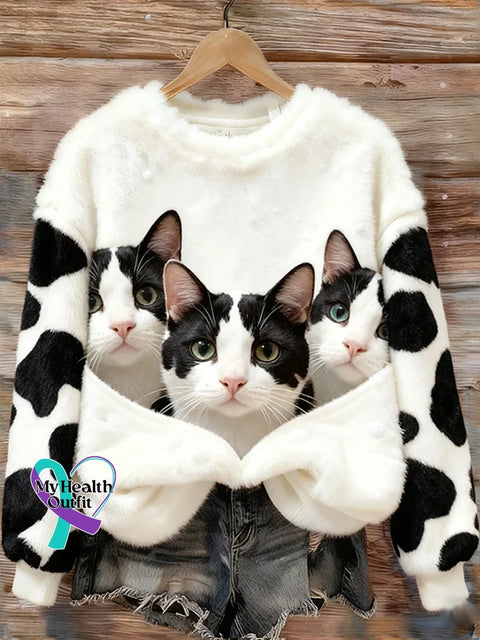 Lovely Colorful Fluffy Fuzzy Cat Cozy Plush Sweatshirt White / S