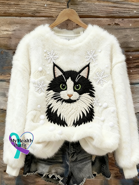 Lovely Colorful Fluffy Fuzzy Cat Cozy Plush Sweatshirt White / S